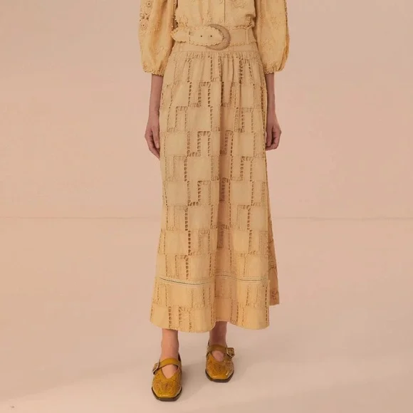 NWOT FARM RIO Sand Crochet Midi Tan Belted Women's Skirt Size S Small - Picture 2 of 13